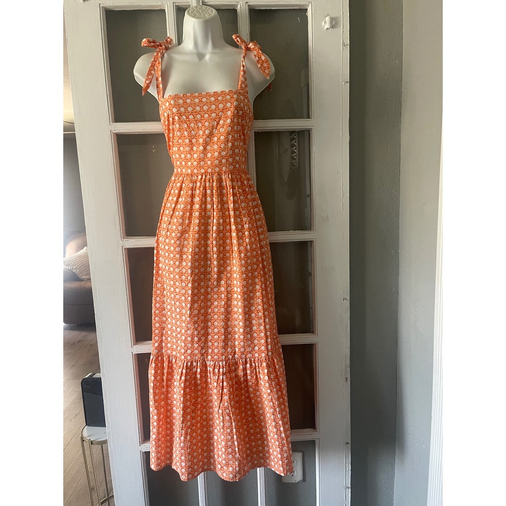 Olivia James The Label Orange White Cotton Tie Shoulder Midi Dress
